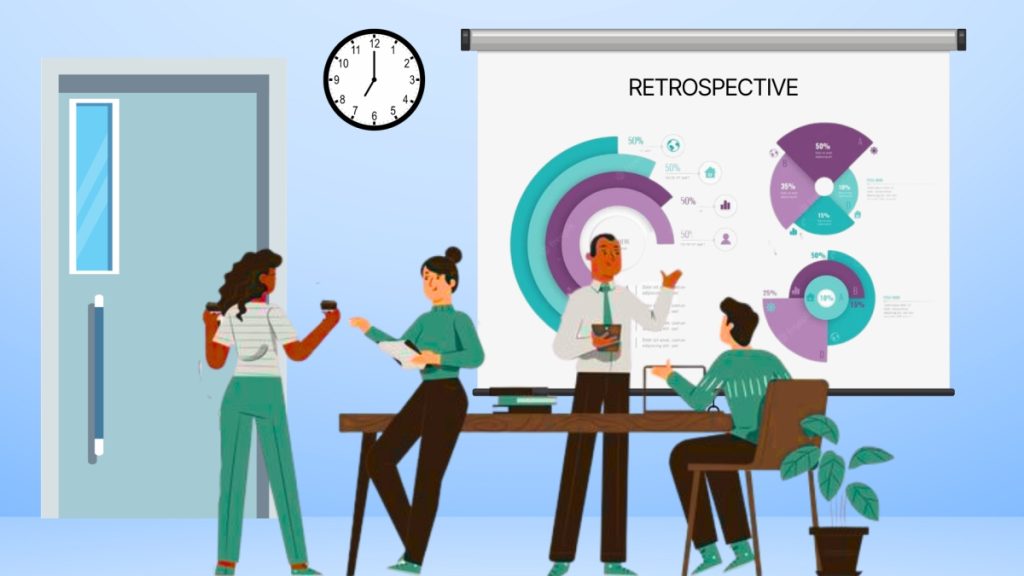Team having retrospective meeting
