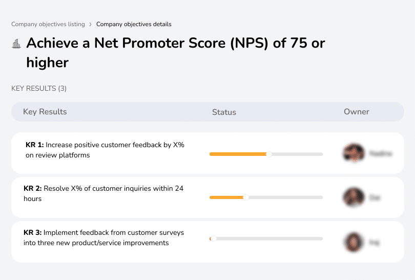 Achieve NPS of 75+, resolve inquiries quickly, improve products.
