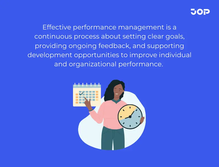 Professional using JOP’s effective performance management software to review goals in an office.