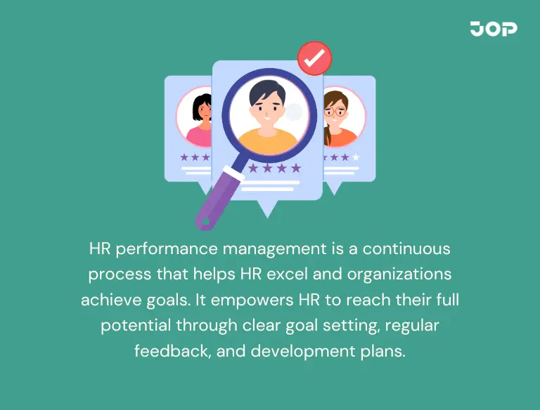 HR professional analyzing employee performance metrics on JOP’s HR performance management software in a collaborative meeting.