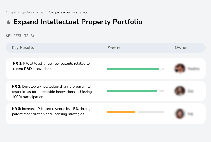 File 3 patents and increase IP revenue by 15%.