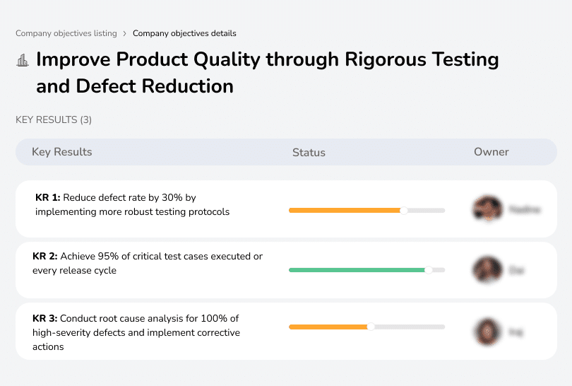 Reduce defect rate by 30%, implement robust testing, and conduct root cause analysis.