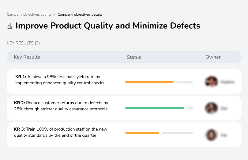Achieve high yield rate, reduce returns, and train staff on quality standards.
