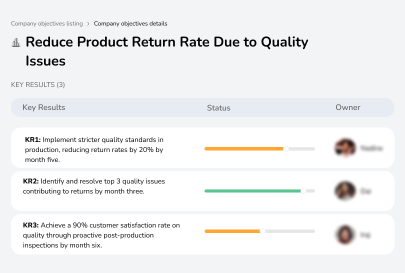 Implement stricter standards, reduce returns by 20%, and achieve a 90% satisfaction rate.
