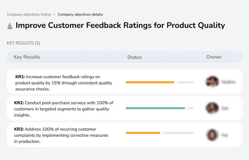 Increase feedback ratings by 15% and address recurring complaints.