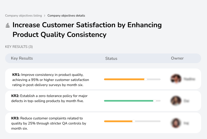 Improve quality consistency, achieve 95% satisfaction, and reduce complaints by 25%.
