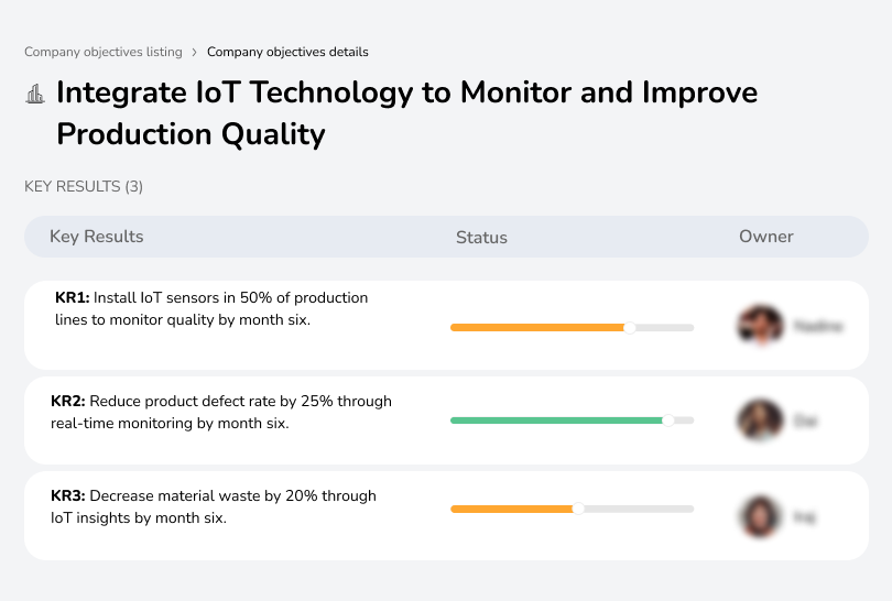 Install IoT sensors on 50% of lines, cut defect rate by 25%, and decrease material waste by 20% in 6 months.