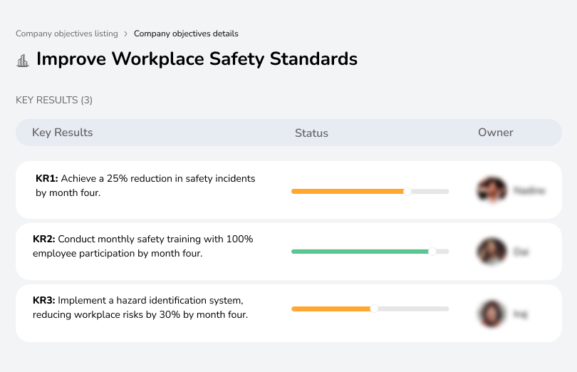 Reduce safety incidents by 25%, ensure 100% compliance with safety protocols, and conduct regular safety training.