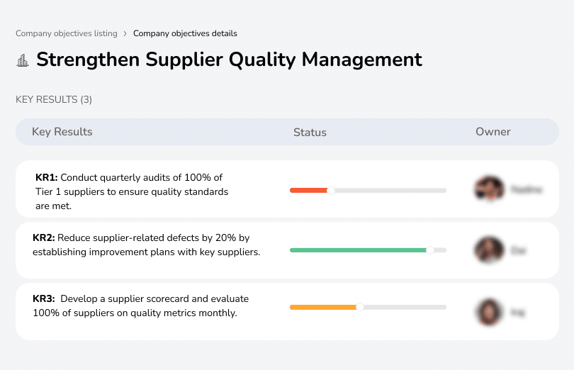 Conduct audits, reduce supplier defects by 20%, and evaluate suppliers monthly.