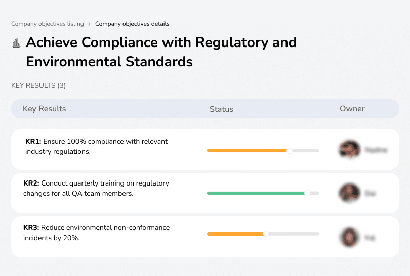 Ensure 100% compliance, conduct quarterly training, and reduce environmental non-conformance by 20%.
