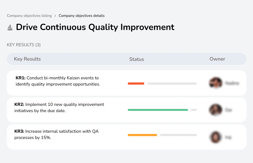 Conduct bi-monthly Kaizen events, implement 10 quality improvements, and increase satisfaction with QA by 15%.
