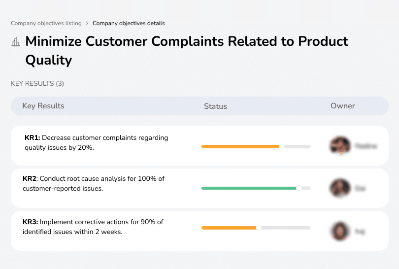 Reduce complaints by 20%, conduct root cause analysis, and implement corrective actions within 2 weeks.