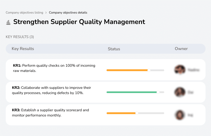Perform quality checks on 100% of raw materials, reduce defects by 10%, and establish a supplier scorecard.
