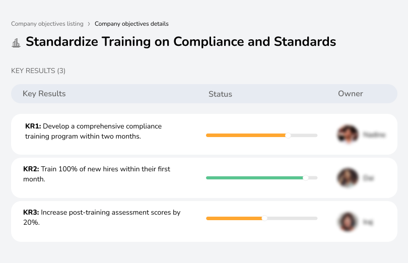 Launch compliance training, ensure new hires complete it within a month, and increase assessment scores by 20%.