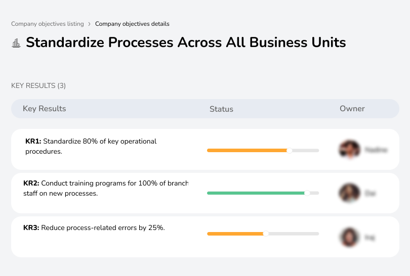 Standardize 80% of key procedures, train all branch staff on new processes, and decrease process-related errors by 25%.