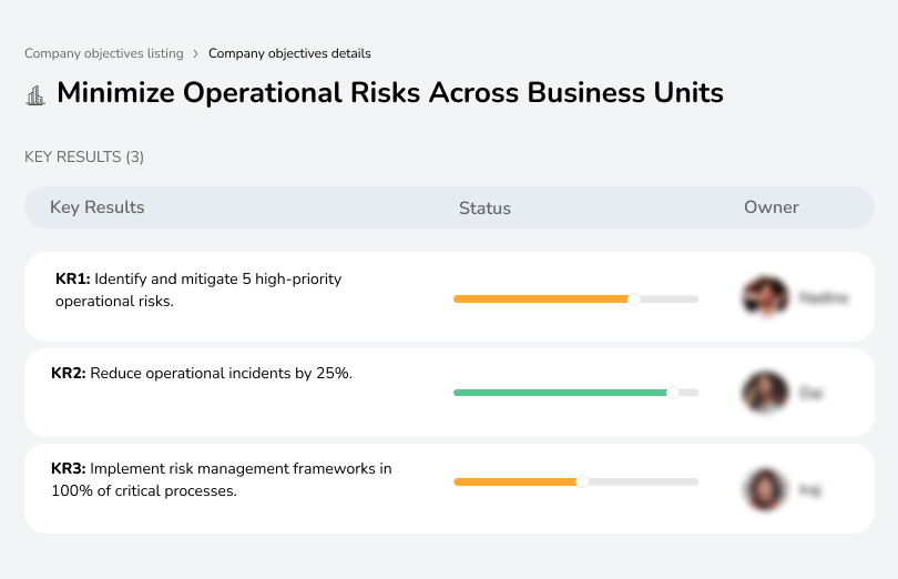 Identify and mitigate five high-priority risks, cut operational incidents by 25%, and apply risk frameworks to all critical processes.