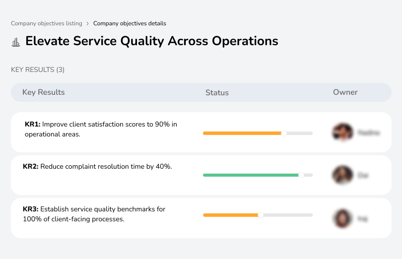 Improve customer satisfaction to 90% by reducing complaint resolution time and setting service benchmarks.